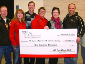 The Grande Prairie Gymkhana Club recently raised and donated $100,000 to Evergreen Park for refurbishing the Drysdale Centre arena. On hand for the donation were Ray Lefebvre (GPGC Building committee), Lorie Watson (GPGC Treasurer), Dan Gorman (General Manager, Evergreen Park), Jan Gass (GPGC President and Building Committee), Bridget Hennigar (President, Evergreen Park/ GP Regional Agricultural & Exhibition Society), Bill Friesen (GPGC Building committee), Leanne Martin (GPGC Building committee) (Supplied)