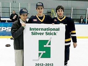 Former Tilbury Thunder teammates Adrien Mousseau, left, Brett Glasier and Matthew Dawson won the International Silver Stick juvenile 'A' championship with the Erie North Shore Storm on Sunday in Mooretown. (Contributed Photo)