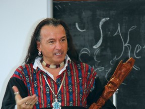 Storyteller and actor Daniel Richer explains the history of the talking stick during a workshop Thursday with Dr. Wilbert Keon students. The talking stick may be passed around a tribal council or used only by leaders as a symbol of their authority and right to speak. For more community photos please visit our website photo gallery at www.thedailyobserver.ca.