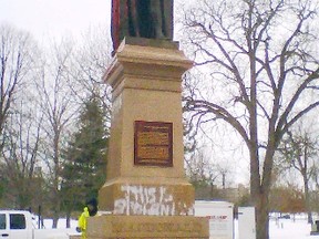 A statue of Sir John A. Macdonald at City Park in Kingston, Ont., was discovered defaced Friday, Jan. 11, 2012, on the 198th anniversary of the birth of Canada's first prime minister. (QMI Agency/Elliot Ferguson)