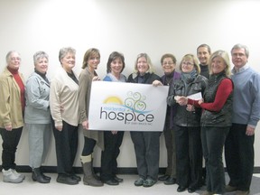 Pictured from left to right: Marie Palmer, Mary Anne Bishop, Bev Morely and the members of the Hospice foundation,Tanya Quanz, daughter of Marilyn Hills, Carol Ann D’Andrea and Martha Bennett, both Cham-bettes, Verona Jackson of the Hospice Foundation and Mary Ellen Renaud, president of the Chantry Island Cham-bettes presenting the cheque to  Ruth Lovell Stanners, chair of the Grey Bruce Hospice Foundation. Pictured in the back are Bob Cordell and Dr. Bruce Stanners  of the Hospice Foundation.