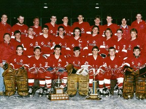 Members of the 1987/88 Mooretown Flags OHA All-Ontario Junior 'C' Championship team are reuniting Saturday in Mooretown. Front row: Mark Cornelious, Bob Waybrant, Ted DuPont, Ken Nicholson, Dan Gardner, Seth Lippiatt, Brad Allen. Middle row: Tom Hughes (President), Mark Davis (coach), Tyler Fraleigh, Shawn Jackson, Kerry Adams, Jeff Perry, Dave Oldale, Shane Green, Ken Williams, Mike Caley, Rob Purdy, Joe Rodrigues (exec). Back row: Bryan Stack (trainer), Lee McCabe, Craig Lindsay, Brian McCabe, Darren Thompson, Cory Pageau, Shawn Muscutt, John Germain, Don Rutter (trainer), Brent Devries (trainer), Bob Haley (GM). Absent: Steve DeGurse (asst. coach), Tom Foster. (Submitted photo)