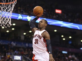 Raptors’ Terrence Ross goes airborne during last night’s game against the Charlotte Bobcats at the Air Canada Centre in Toronto. (STAN BEHAL/TORONTO SUN)