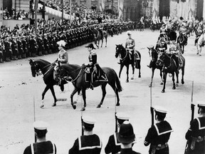 The Duke of Kent (second from left on horseback) with his brothers the Duke of Gloucester, the Earl of Athlone and the Earl of Harewood ride in their brother Albert’s (King George VI) coronation procession, May 12, 1937.