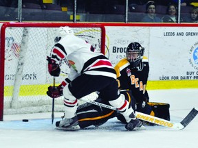 Brockville Braves forward Anthony Pino beats Smiths Falls goalie Patrick Martin for the shootout winner in Sunday's 6-5 Braves win over the Bears at the Memorial Centre. (STEVE PETTIBONE The Recorder and Times)