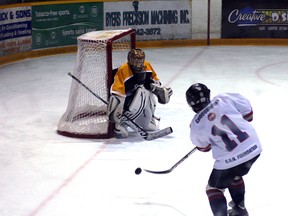 KL's Matt Chodoriwsky fires the puck towards the Iroquois Falls goalie during Saturday action at the complex.