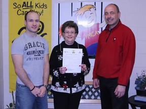 The Bullyproof partnership in Timmins includes, left to right, Kris Ratte of Timmins Gracie Jiu-Jitsu Academy, Colleen Landers of KidSport and Wayne Bozzer of Timmins Family YMCA.