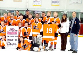 Back row: Trainer, Sharon Moore, Dakota Smith, Jordan Murchie, Coach Gord Kemp, Gracie Stewart, Assistant Coach Keith Battler, Megan Stewart-Kemp. Second row - left to right: Tara Wood, Caelyn Nashiem, Cassandra Howse, Mallory Woods, Alexander Courtney, Elsie Shewfelt, Breanna Goulding, Tegan Moore, trainer Arlene McFarlane, Assistant Coach Mike Moore. Third row left to right - Mercedes Battler, Rachel Whitney, Eden McFarlane. Front row: Maddie McFadden and Emily Simpson.