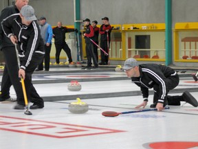 Sunday afternoon the curlers hit the ice for the four event finals of the Pembina Oilmen’s Bonspiel. CCM once again made it into the ‘A’ final where they took on the team from Elite.  CCM third Curtis Carter releases a rock during the ‘A’ event final.