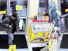 A suspect enters the Shell gas station on Keil Drive in Chatham, On., shortly after 4:30 a.m. Sunday, January 13, 2013. (Contributed photo)