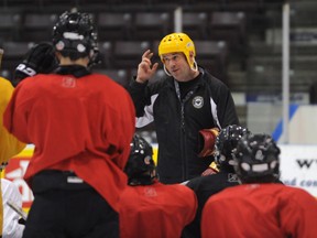 Coach Jeff Perry tell their player to use their noggins during Lambton Jr. Sting AAA Bantam practice Tuesday at the RBC Centre. Perry is gearing up registration for his Wild 3-on-3 Hockey League. (PAUL OWEN, The Observer)