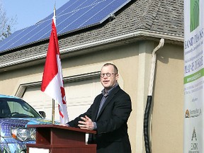 Expositor file photo

Ken Burns, shown speaking at a news conference last year to announce a federal investment in his solar panel installation company, will be the Green candidate for Brant in the next provincial election.
