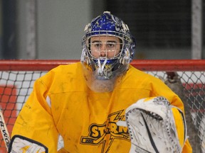 Kingston Voyageurs backup goalie Colin Dzijacky, at practice with the Grande Prairie Storm of the Alberta Junior Hockey League in November 2011, has been a valuable addition to the local hockey club. (QMI Agency file photo)