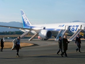 Passengers walk away from All Nippon Airways' (ANA) Boeing Co's 787 Dreamliner plane which made an emergency landing at Takamatsu airport, western Japan, as seen in this photo taken by a passenger and distributed by Japan's Kyodo January 16, 2013. A Boeing 787 operated by All Nippon Airways Co made an emergency landing in Takamatsu in western Japan after smoke appeared in the plane's cockpit, but all 137 passengers and crew members were evacuated safely, the Osaka Airport said on Wednesday.  Mandatory Credit. (REUTERS/Kyodo)