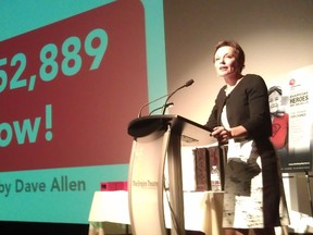 Judi Gilbert, executive director of the United Way of Quinte, announces the agency has surpassed the $1,925,000 goal for the 2012 fundraising campaign, during an achievement celebration Tuesday evening at the Empire Theatre in Belleville. 
JEROME LESSARD/QMI AGENCY