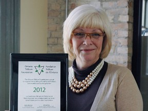 Rotary Club of Aylmer past president Barbara Warnock with an Ontario Trillium Foundaiton plaque in recognition of a $55,000 grant for a new splashpad at Aylmer's Balmoral Park. Nick Lypaczewski Times-Journal