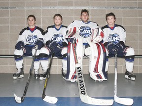 Wetaskiwin Icemen Dylan Weaver, left, Corey Bowie, Chris Sharkey, and DJ Bennefield pose for a photo after playing in the Capital Junior Hockey League all-star game in Ardrossan Jan. 12. The Icemen all-stars played on the East squad, beating the West, 10-9 in overtime.