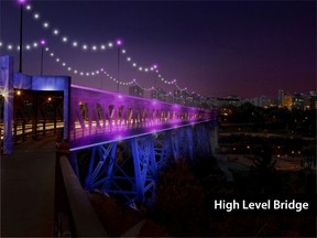 Photo conception of Edmonton's High Level Bridge after added lighting. The idea for added and artistic lighting comes from ATB Financial President and CEO Dave Mowat. Mowat says he'd like to help figure out a way to get the project off the ground by raising money in the private sector. PHOTO SUPPLIED by ATB Financial.