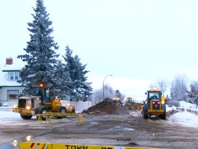 This was the scene on 113 St. in Fairview between 102 Ave. and 103 Ave. from Friday and Saturday Jan. 11-12 after a 10" waterline broke. Town crews managed to shut off the leaking pipe Friday night, clean up the mess that the water created between freezing temperatures and snow everywhere and then replace the treated water lost from the reservoir. They found out where the pipe was broken, dug it up and Saturday they replaced the broken pipe and filled the hole in again.