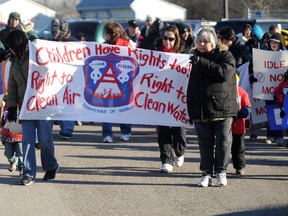 About 100 demonstrators marched from the Aamjiwnaang child care centre Wednesday, advocating for children's human rights. The march was spurred by a recent chemical release from Shell's Corunna refinery and was identified as part of the Idle No More movement. TYLER KULA/ THE OBSERVER/ QMI AGENCY