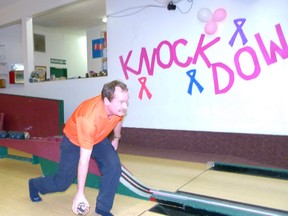 Town of Fairview Mayor Gord MacLeod kicks off the Knock Down Cancer campaign at Unchaga Lanes in Fairview. The campaign will run for a full month at the bowling alley.