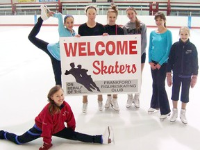 Frankford skaters are ready to welcome their fellow competitors at this weekend's 2013 Shooting Stars Interclub Competition. From the left are: Madison MacDonald, Lauren Yanch, Vicki MacDonald, Rachel Smith, Jenny Tucker, Kristen Wierda, and Brianne Mills.