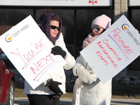 Teachers stand outside MPP Bob Bailey's office in Sarnia, Ont. Wednesday, Jan. 16, 2012. Lambton Kent District elementary and high school teachers joined fellow colleagues across the province in after-school protests against Bill 115. (BARBARA SIMPSON, The Observer)