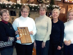 Convener Sandra Coombs, left, honours the winners of the Day Ladies’ Jitney including all-star skip Karen Thompson, all-star vice Joanne Shields, all-star second Judy Upsdell and all-star lead Heather Marchment. (Contributed photo)