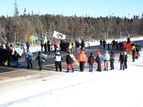 Protesters engaged in a round dance with drumming as police had backed up traffic a kilometre away in both directions from the blockade of Highway 17 (Trans-Canada) highway just east of the Manitoba/Ontario border on Wednesday, Jan. 16, 2013.

ON THOMPSON/KENORA DAILY MINER AND NEWS/QMI AGENCY