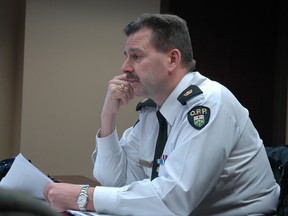 Elgin OPP detachment commander Brad Fishleigh discusses Ontario auditor general Jim McCarter's findings on the OPP and how Elgin compares to the province on the whole during Wednesday's Elgin Group Police Services Board meeting. (Nick Lypaczewski, Times-Journal)