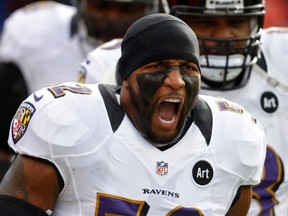 Ravens linebacker Ray Lewis told his stunned teammates: ‘We’ll be back!’ following their narrow loss in last year’s AFC title game against the Patriots at Gillette Stadium.  (REUTERS)