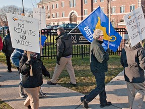 BRIAN THOMPSON, The Expositor

Secondary school teachers from Brantford and area protest outside of Brantford MPP Dave Levac's constituency office on Wednesday.