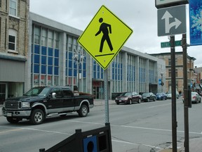 The intersection of Hincks and Talbot streets is the location of one of the city's uncontrolled courtesy crossings. On Monday, city council approved a pilot project  that will add new signs indicating to both pedestrians and motorists that vehicles have the right-of-way. (Nick Lypaczewski, Times-Journal)