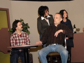 Scott Maitland (far left), Debbi Ree-Galle, Joey Beaulieu  and Nancy Slater rehearse a scene from The Foreigner. The latest play to hit the Showcase stage is a comedy that centres around a lead character, played by Beaulieu, who pretends he doesn’t understand any English. (Kirsten Goruk/Daily Herald-Tribune)