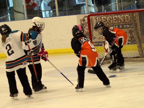 Paris Ringette U10 Wight Team's #1 Jayna Jaworski and #2 Brooke Cain play the Cambridge Turbos on Sunday, Jan. 13, 2013. SUBMITTED PHOTO