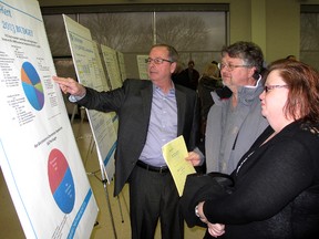 Michael Burton, Chatham-Kent's economic development director, talks about the 2013 budget with Chatham residents Larry and Barb Hutchins, Thursday, Jan. 17, 2013, during an open house in Chatham, Ont. (ELLWOOD SHREVE, The Chatham Daily News)