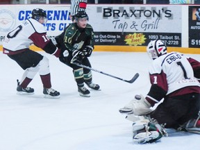 The shot of St. Thomas Star Kevin Zacharuk (10 green) gets by the glove of Chatham goalie Darien Ekblad but was wide of the net Thursday at the Timken Centre. The Stars won the Greater Ontario Junior Hockey League contest 5-4 in a shootout.  (R. MARK BUTERWICK / St. Thomas Times-Journal)