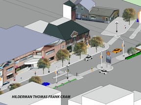 Bird’s eye view concept drawing illustrates proposed traffic controls and improved pedestrian crosswalks along Second Street South associated with Phase 3 Downtown revitalization.
Conceptual graphic courtesy City of Kenora