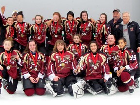 The Timmins Paul Davis Falcons Midget 'A' and Bantam 'B' teams both won the gold medal at a tournament in Orillia this past weekend. The Bantan 'B' Falcons pose for a team photo.