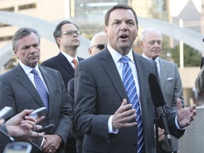 Ontario PC leader Tim Hudak was on hand with members of his caucus and Toronto city councillors at City Hall on Tuesday, Oct. 16, 2012. (QMI Agency/JACK BOLAND)