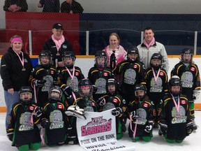 The Petrolia Novice girls who were victorious at the South Huron Pink on the Rink tournament. Pictured (from left to right) front row: Tessa Jackson, Dahlia Bulgin, Riane McEachern, Sydney McKichan, Ally Goodacre, Amelia Hoven. Middle: Grace Stover, Teagan Cox, Ava Thompson, Kylee Shortt, Ella Jackson, Emma Patchett. Back: Marcia Stinson (trainer), Gregg McEachern (coach), Cathy Patchett (coach) and Jason McKichan (coach). (Submitted photo)