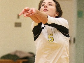 The Scollard Bears senior girls volleyball and senior boys basketball teams beat their respective Chippewa Raiders opponents in NDA action, Thursday. Vicky Willars (5) returns the ball on home court as her Bears beat the Raiders 3-1 with scores of 25-21, 28-26, 17-25 and 25-14.