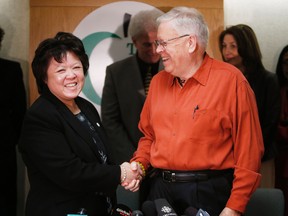 Donna Quan, the new acting director of education, shakes hands with TDSB chairman Chris Bolton at the Toronto District School Board Friday, January 18, 2013. (Craig Robertson/Toronto Sun)