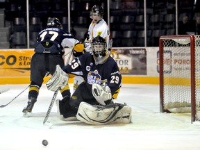 The Kirkland Lake Gold Miners defeated the Abitibi Eskimos 5-1 on Saturday night at the Jus Jordan Arena. Gold Miner netminder Chris Komma turns aside a shot in the first period.