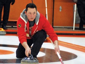 Ray Nolan carefully releases his rock Sunday during the annual Men’s Bonspiel at the Vulcan Curling Rink. A total of 16 teams, which included rinks from High River, Okotoks, Milo and Champion, competed from Jan. 18-20. Nolan was lead on the Keith Comstock rink of Vulcan, which was made up of third Lyle Smith and Stu Rosling.