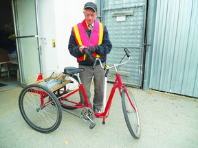 Peter Hamm prepares to ride his tricycle when leaving the MCC Thrift Store. The centre will be holding a birthday “coffee break” for Peter on Jan. 28.