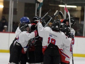 Members of the Canadian Tire Cougars celebrate their 7-6 overtime victory over the Northstar Ford Mustangs in Sunday's Peewee Tier I Bronze Medal Game. The Cougars overcame a five goal deficit to force overtime and Mitchell Vaillant scored the game winning goal with 12 seconds to go in overtime. TREVOR HOWLETT/TODAY STAFF