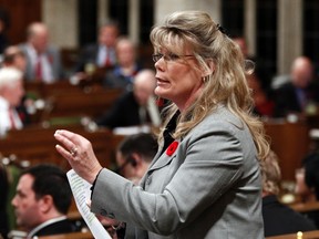 Parliamentary Secretary to the Minister of Finance Shelly Glover speaks during Question Period in the House of Commons on Parliament Hill in Ottawa November 3, 2011.