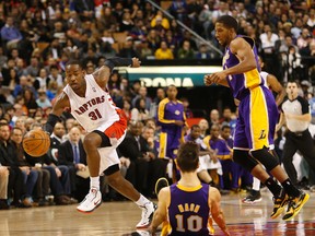 Raptors rookie Terrence Ross drives past Lakers guard Steve Nash at the ACC yesterday. (MICHAEL PEAKE/Toronto Sun)