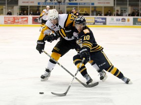 Storm forward Jordan McTaggart fights off Grizzlys defenceman Chris Stachiw. The Olds Grizzlys beat the Grande Prairie Storm 2-0 at Canada Games Arena in Grande Prairie, Alta. Friday, Jan. 18, 2013.  TERRY FARRELL /DAILY HERALD-TRIBUNE